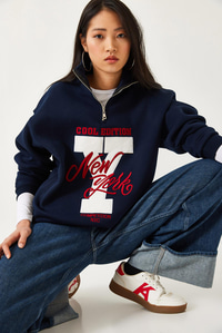 Fermuarlı Üç İplik Şardonlu Baskılı Sweatshirt 60351291 - Lacivert