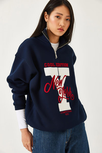 Fermuarlı Üç İplik Şardonlu Baskılı Sweatshirt 60351291 - Lacivert