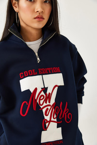 Fermuarlı Üç İplik Şardonlu Baskılı Sweatshirt 60351291 - Lacivert