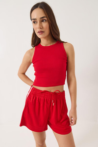 Fitilli Halter Yaka Kaşkorse Basic Crop Top Atlet 60602045 - Kırmızı