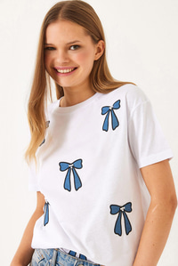Fiyonk Nakışlı Boncuklu Kısa Kollu T-Shirt 60602013 - Beyaz