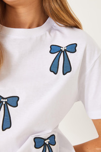 Fiyonk Nakışlı Boncuklu Kısa Kollu T-Shirt 60602013 - Beyaz