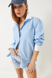 Garni Detay Oversize Gömlek 4449 60261564 - Bebe Mavisi