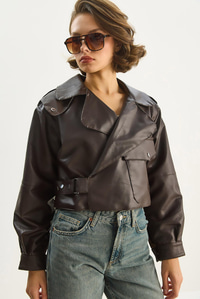 Geniş Cep Detaylı Kemerli Oversize Crop Deri Ceket 3129  60284102 - Acı Kahve CEKET modelleri