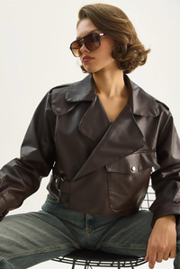 Geniş Cep Detaylı Kemerli Oversize Crop Deri Ceket 3129  60284102 - Acı Kahve CEKET modelleri