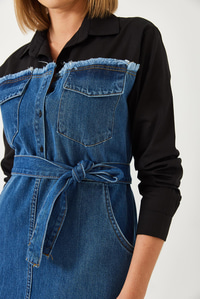 Gömlek Yaka Kemerli Denim Elbise 8171 60351337 - Siyah-İndigo