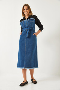 Gömlek Yaka Kemerli Denim Elbise 8171 60351337 - Siyah-İndigo