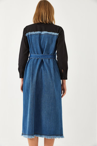 Gömlek Yaka Kemerli Denim Elbise 8171 60351337 - Siyah-İndigo