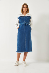 Gömlek Yaka Kemerli Denim Elbise 8171 60351337 - Beyaz