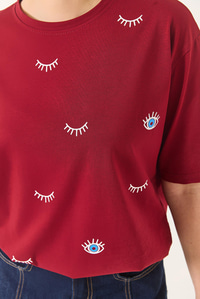 Göz Baskılı Kısa Kollu Pamuklu Oversize T-Shirt 60283184 - Bordo