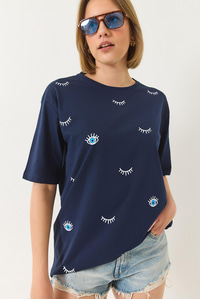Göz Baskılı Kısa Kollu Pamuklu Oversize T-Shirt 60283184 - Lacivert