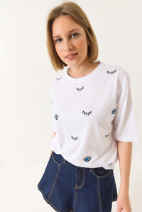 Göz Baskılı Kısa Kollu Pamuklu Oversize T-Shirt 60283184 - Beyaz