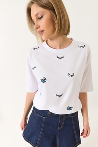 Göz Baskılı Kısa Kollu Pamuklu Oversize T-Shirt 60283184 - Beyaz
