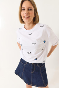 Göz Baskılı Kısa Kollu Pamuklu Oversize T-Shirt 60283184 - Beyaz