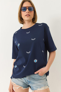 Göz Baskılı Kısa Kollu Pamuklu Oversize T-Shirt 60283184 - Lacivert