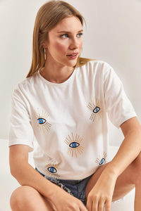Göz Desenli Penye Tshirt - Beyaz T-SHİRT modelleri