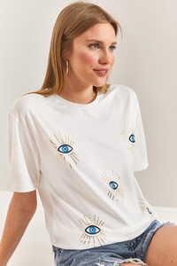 Göz Desenli Penye Tshirt - Beyaz T-SHİRT modelleri