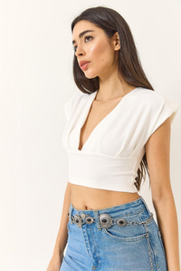 Hafif Dekolteli Crop Bluz 60284037 - Beyaz
