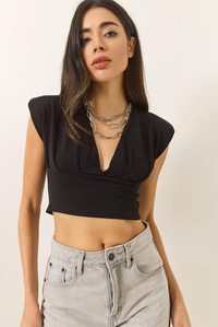 Hafif Dekolteli Crop Bluz 60284037 - Siyah