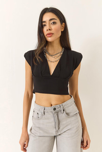 Hafif Dekolteli Crop Bluz 60284037 - Siyah