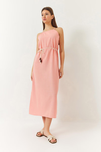 Halter Yaka Kuşak Detaylı Keten Elbise 60261422 - Somon
