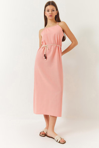 Halter Yaka Kuşak Detaylı Keten Elbise 60261422 - Somon