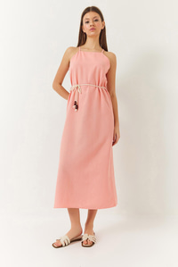 Halter Yaka Kuşak Detaylı Keten Elbise 60261422 - Somon