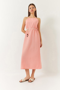 Halter Yaka Kuşak Detaylı Keten Elbise 60261422 - Somon