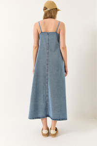 İnce Askılı Uzun Denim Elbise 6058 60281039 - Buz Mavisi