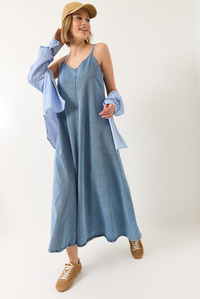 İnce Askılı Uzun Denim Elbise 6058 60281039 - Buz Mavisi