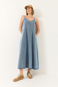 İnce Askılı Uzun Denim Elbise 6058 60281039 - Buz Mavisi