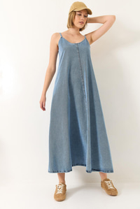 İnce Askılı Uzun Denim Elbise 6058 60281039 - Buz Mavisi