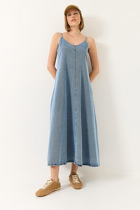 İnce Askılı Uzun Denim Elbise 6058 60281039 - Buz Mavisi