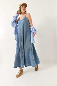İnce Askılı Uzun Denim Elbise 6058 60281039 - Buz Mavisi