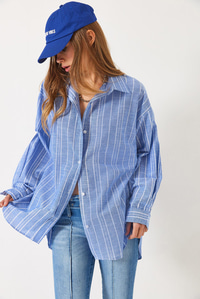 İnce Çizgili Oversize Gömlek 2024 60271047 - Mavi