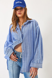 İnce Çizgili Oversize Gömlek 2024 60271047 - Mavi