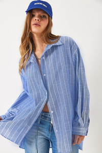 İnce Çizgili Oversize Gömlek 2024 60271047 - Mavi