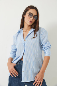 İnce Çizgili Regular Pamuk Basic Poplin Gömlek 2067 60283104 - Mavi