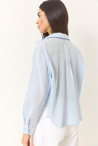 İnce Çizgili Regular Pamuk Crop Gömlek 2039 60283204 - Bebe Mavisi