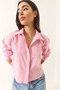 İnce Çizgili Regular Pamuk Crop Gömlek 2039 60283204 - Pembe