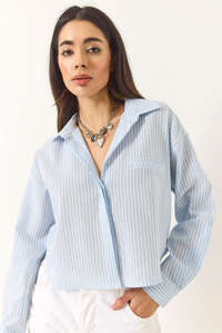 İnce Çizgili Regular Pamuk Crop Gömlek 2039 60283204 - Bebe Mavisi