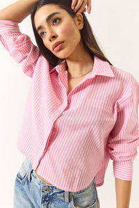 İnce Çizgili Regular Pamuk Crop Gömlek 2039 60283204 - Pembe