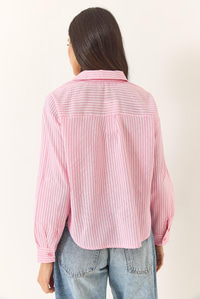 İnce Çizgili Regular Pamuk Crop Gömlek 2039 60283204 - Pembe
