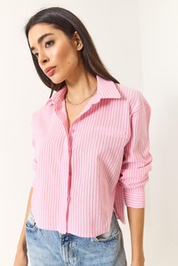 İnce Çizgili Regular Pamuk Crop Gömlek 2039 60283204 - Pembe