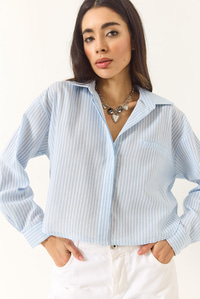 İnce Çizgili Regular Pamuk Crop Gömlek 2039 60283204 - Bebe Mavisi