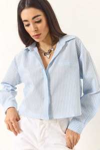 İnce Çizgili Regular Pamuk Crop Gömlek 2039 60283204 - Bebe Mavisi