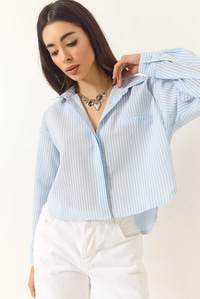 İnce Çizgili Regular Pamuk Crop Gömlek 2039 60283204 - Bebe Mavisi