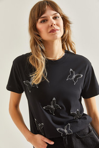 İnci Taş İşlemeli Penye Tshirt 60211009 - Siyah T-SHİRT modelleri