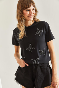 İnci Taş İşlemeli Penye Tshirt 60211009 - Siyah T-SHİRT modelleri