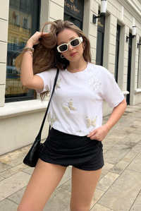 İnci Taş İşlemeli Penye Tshirt 60211009 - Beyaz T-SHİRT modelleri